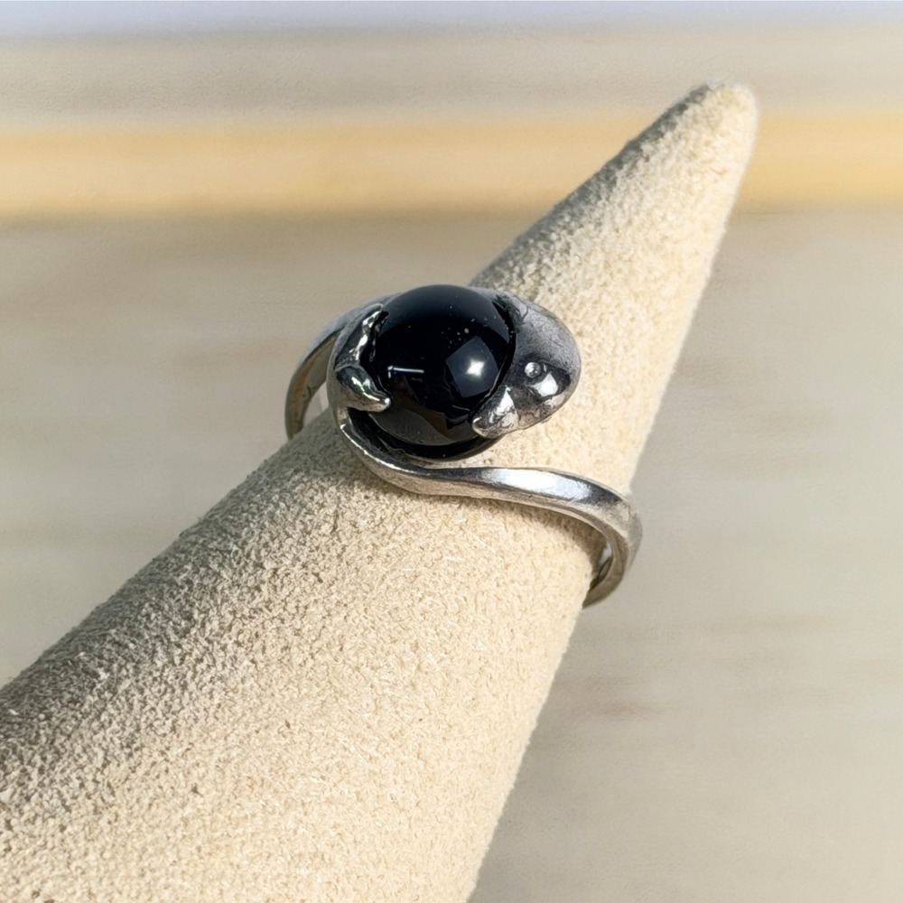 Sterling Silver Dolphin Ring Onyx Black Orb Bypass Minimalist 925 Statement
